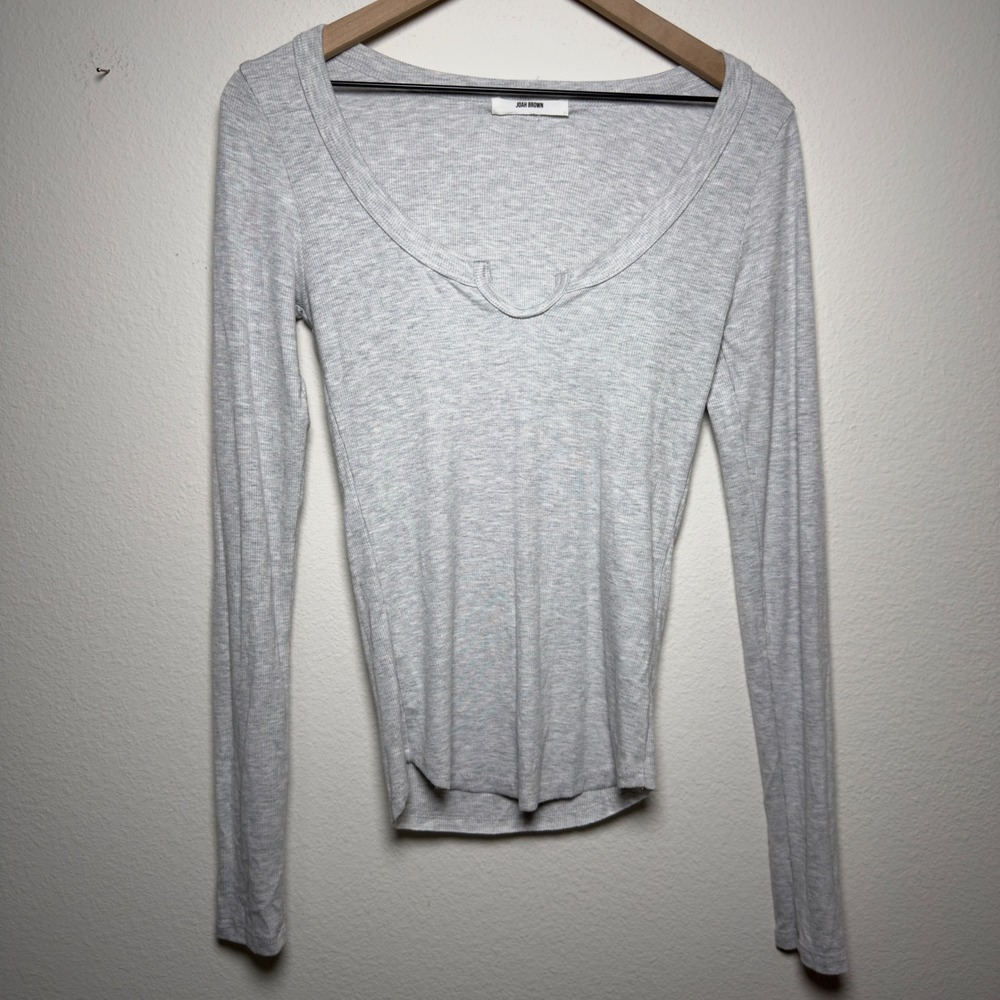 Joah Brown Women Ribbed Henley 1st Edition Top S Gray Long Sleeve Notch USA